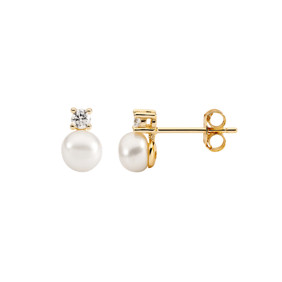 Ellani Gold Plated 2.5mm Claw Set CZ with 5mm Freshwater Pearl Stud Earrings