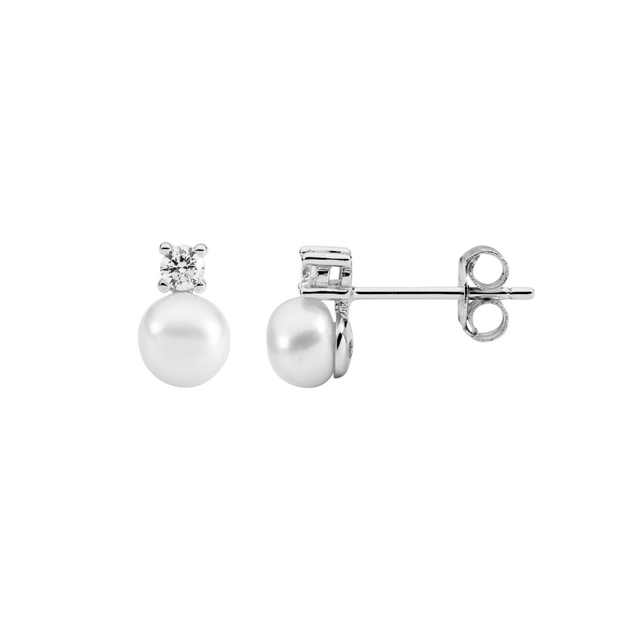 Ellani Sterling Silver 2.5mm Claw Set CZ with 5mm Freshwater Pearl Stud Earrings
