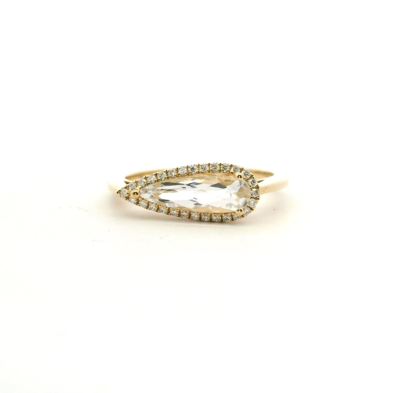 White Quartz & Diamond 9ct Yellow Gold Pear Cut Halo East/West Set Ring