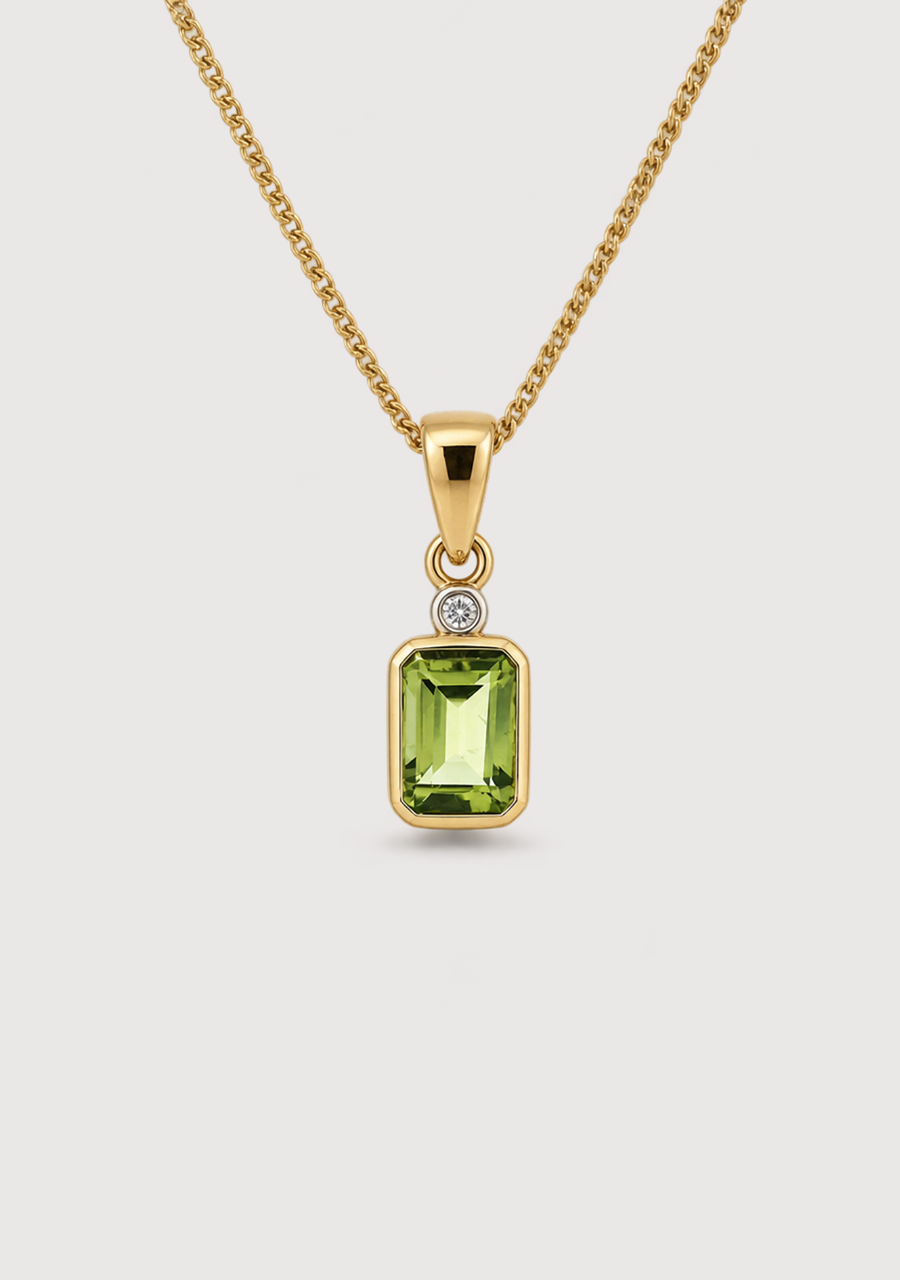 Peridot & Diamond 9ct Yellow Gold Bezel Set Pendant