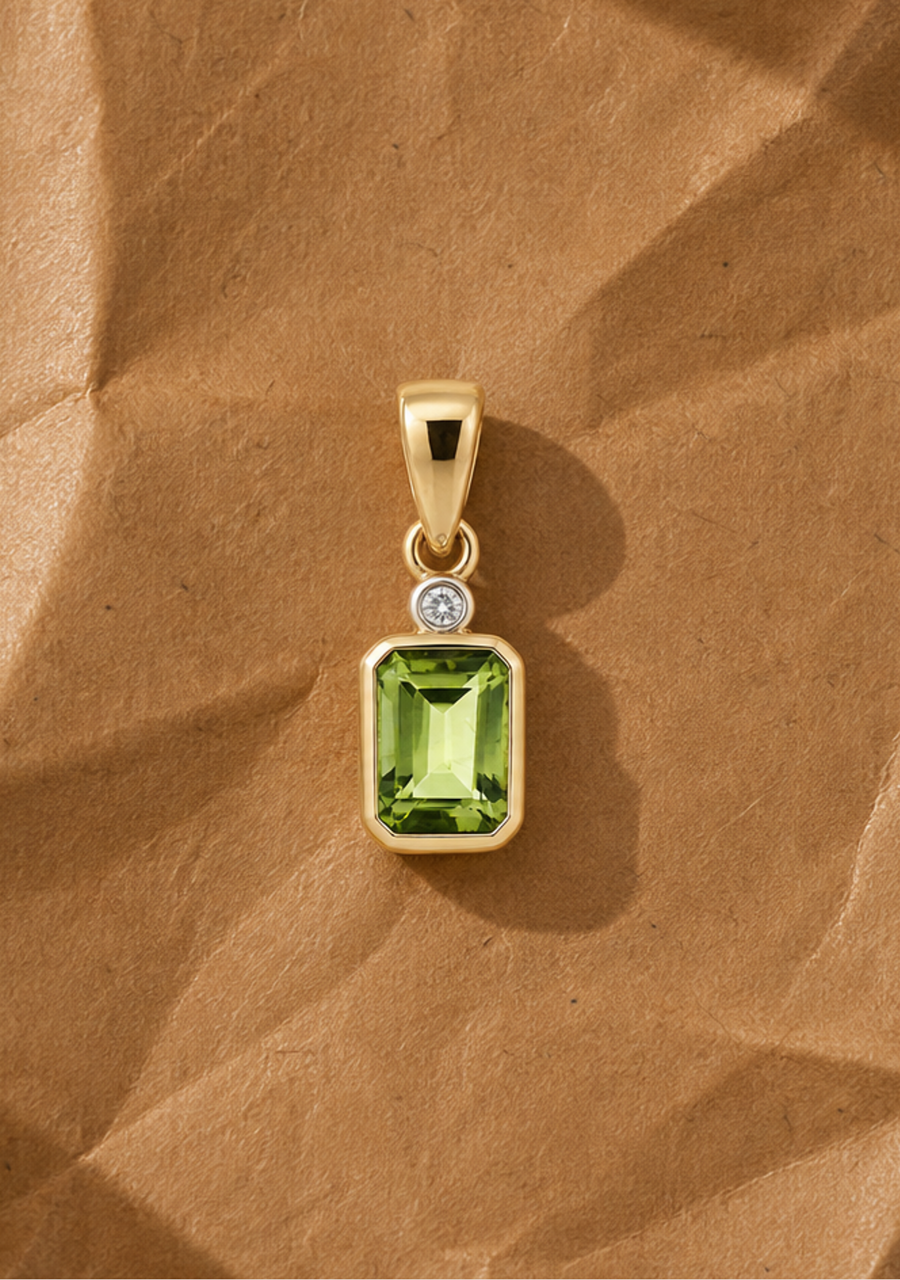 Peridot & Diamond 9ct Yellow Gold Bezel Set Pendant