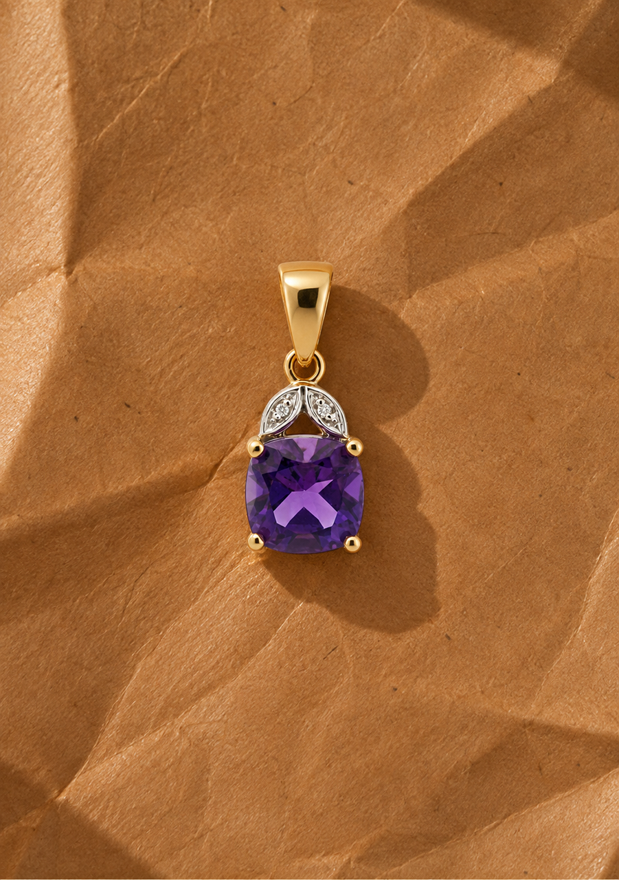 Amethyst & Diamond 9ct Yellow Gold Pendant