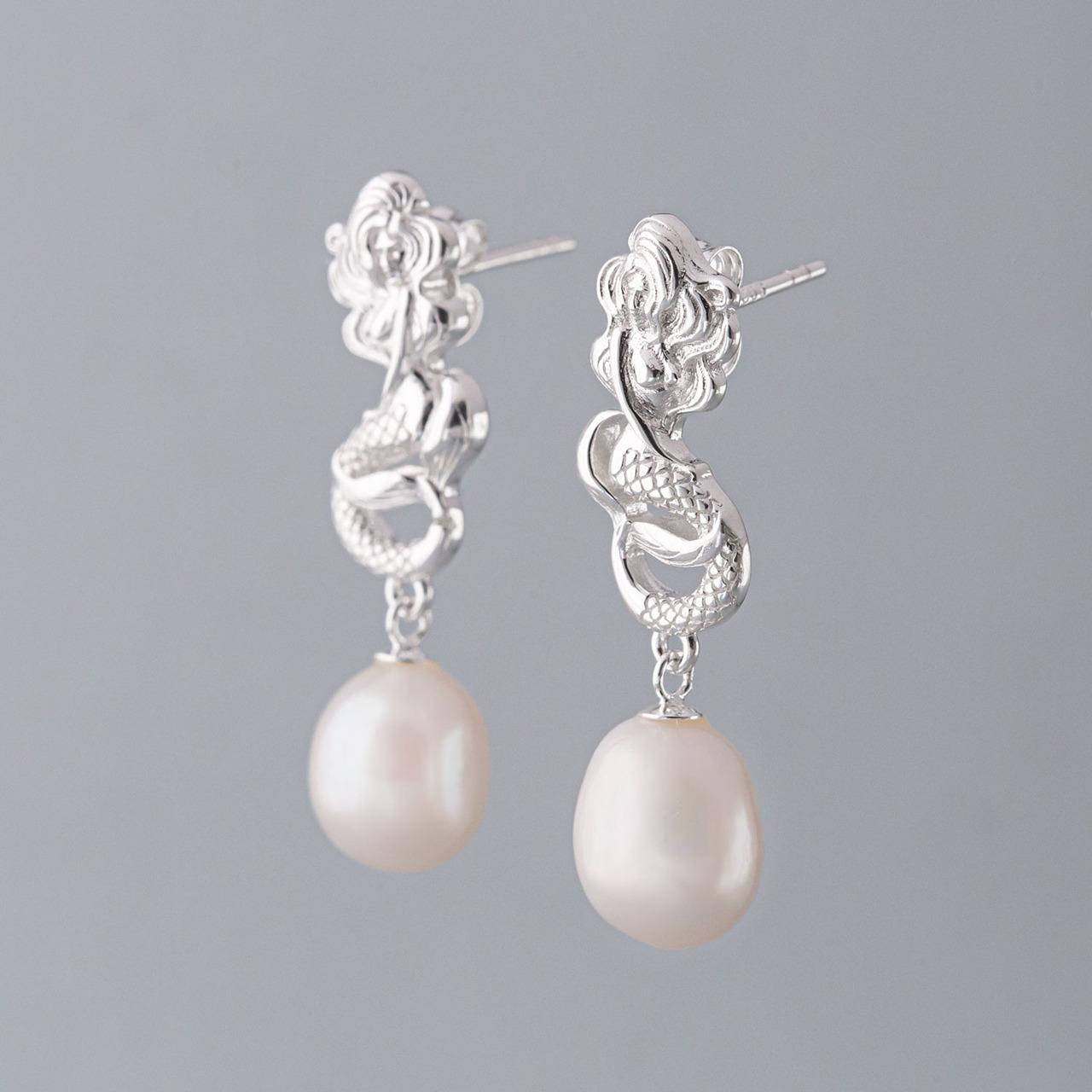 Nick Von K Sterling Silver Mermaid Freshwater Pearl Drop Earrings