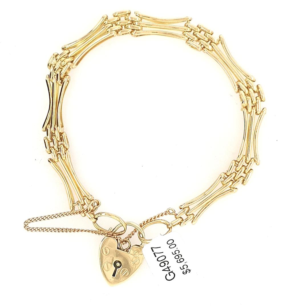 Estate 18ct Yellow Gold Gate Bracelet with Heart Padlock & Safety Chain