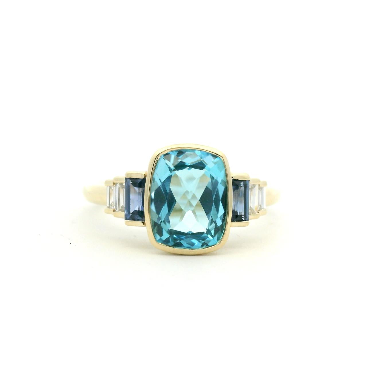 9ct Yellow Gold Blue Topaz, Sapphire & Diamond Ring