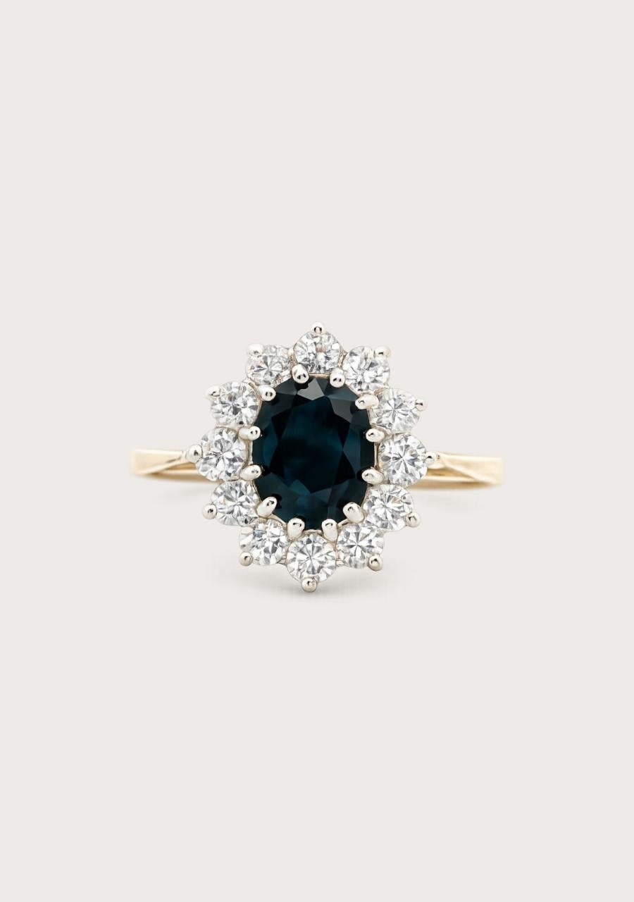 Estate 9ct Yellow Gold Sapphire and Cubic Zirconia Flower Cluster Ring