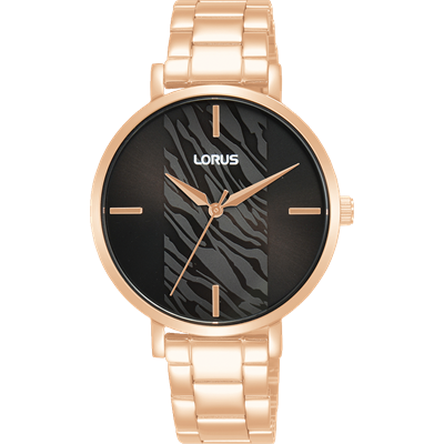 Lorus Stainless Steel Rose Gold Ladies Dress Watch with Black Dial