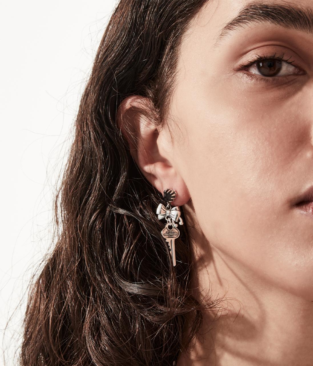 Stolen Girlfriends Club Sterling Silver Love Locked Clear Quartz Bow Stud Drop Earrings