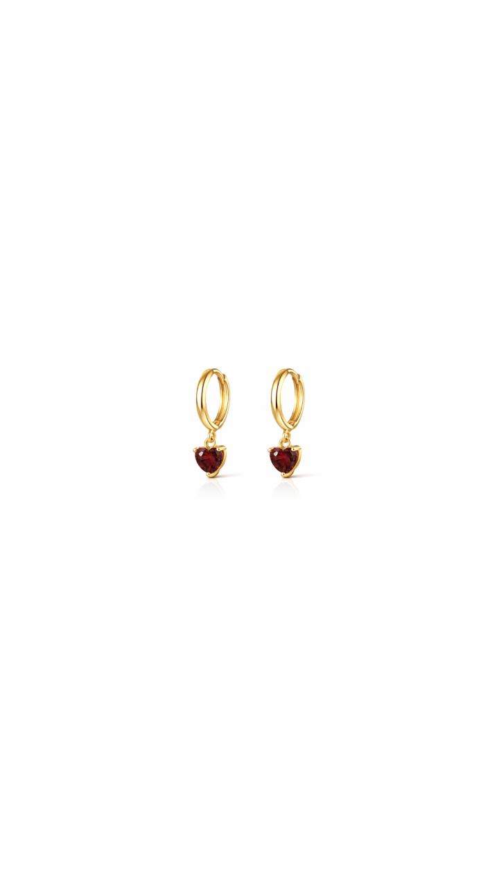 9ct Yellow Gold Garnet Heart Hoop Earrings