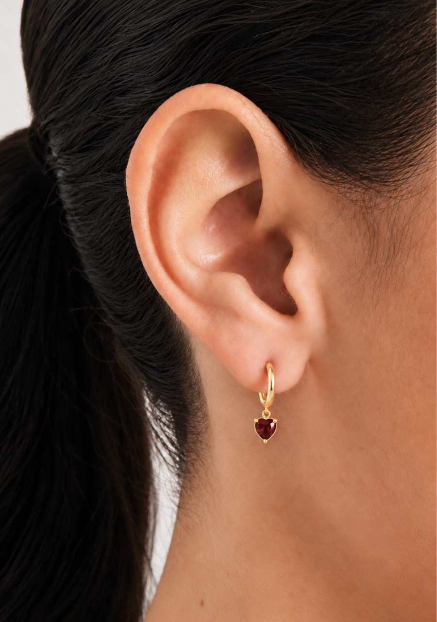 9ct Yellow Gold Garnet Heart Hoop Earrings