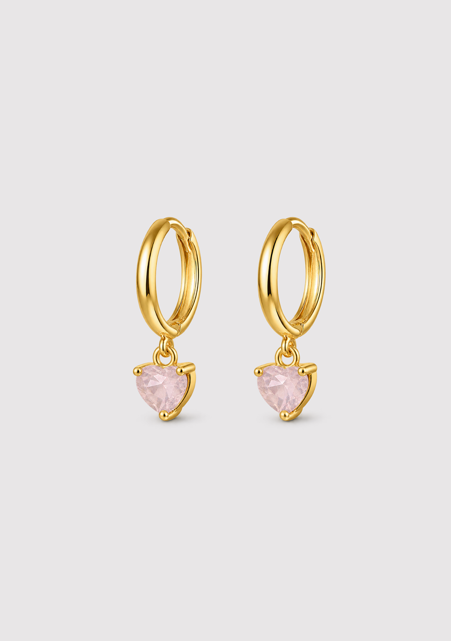 9ct Yellow Gold Rose Quartz Heart Hoop Earrings