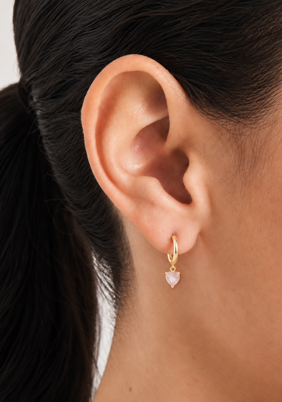 9ct Yellow Gold Rose Quartz Heart Hoop Earrings