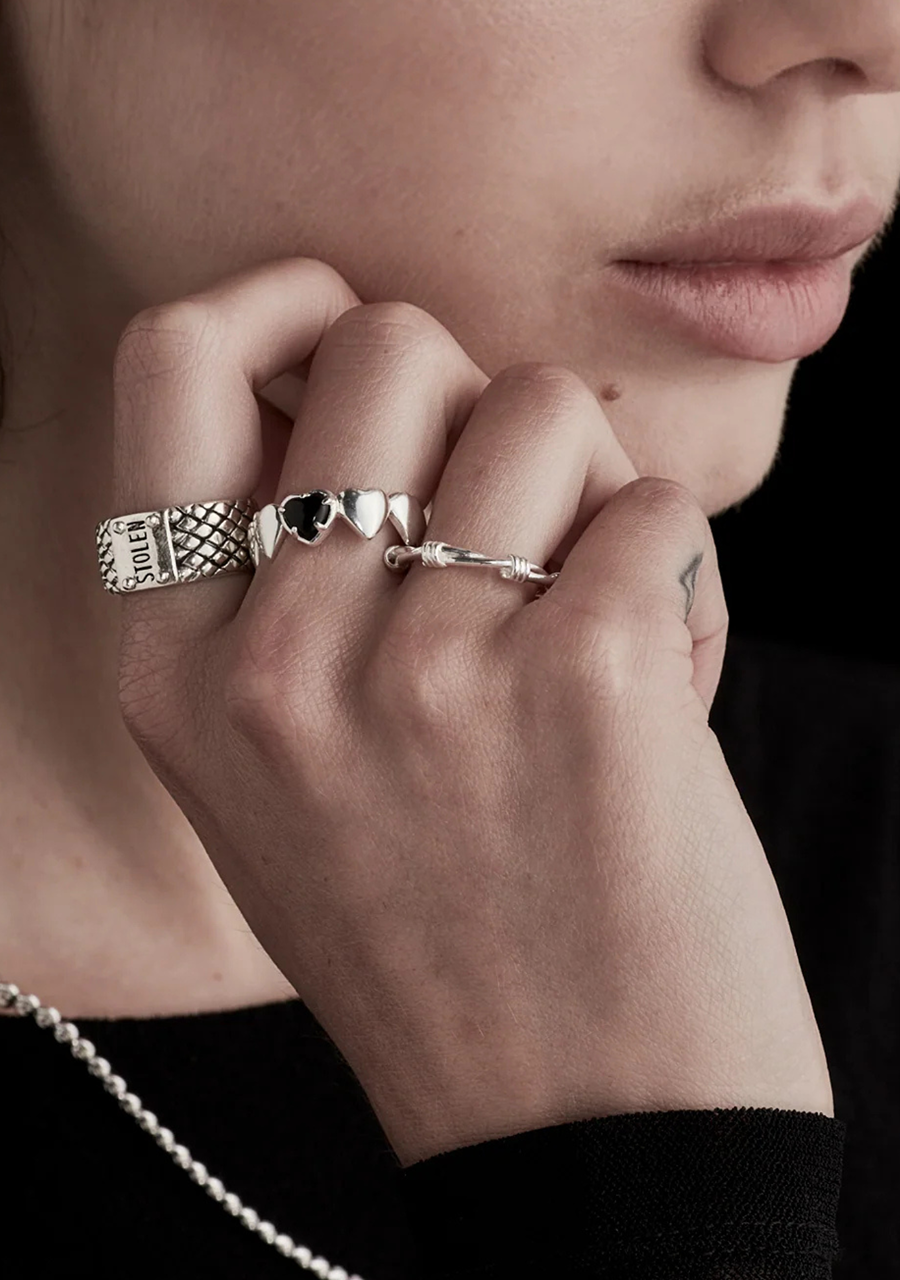 Stolen Girlfriends Club Sterling Silver Band of Hearts Ring with Onyx