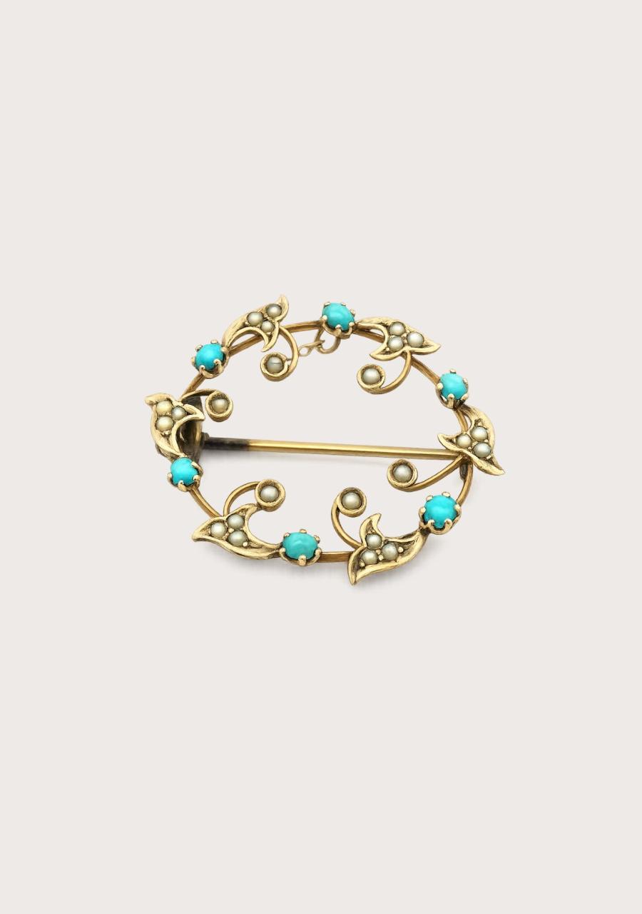 Estate 9ct Yellow Gold Turquoise & Seed Pearl Brooch