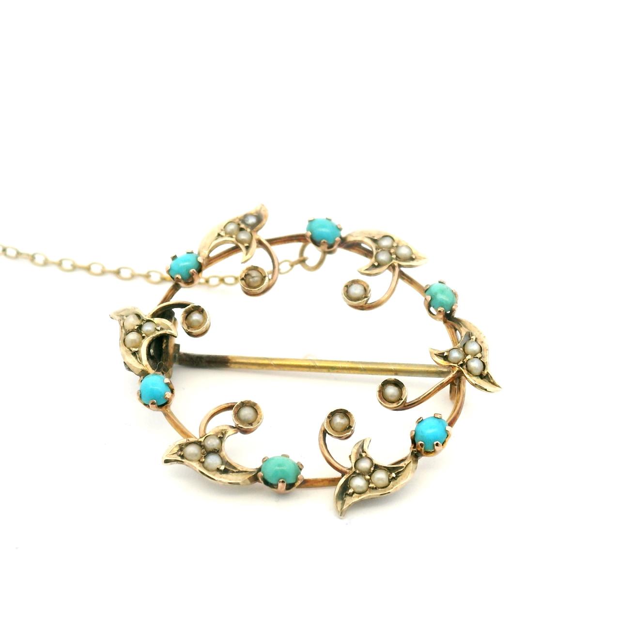 Estate 9ct Yellow Gold Turquoise & Seed Pearl Brooch