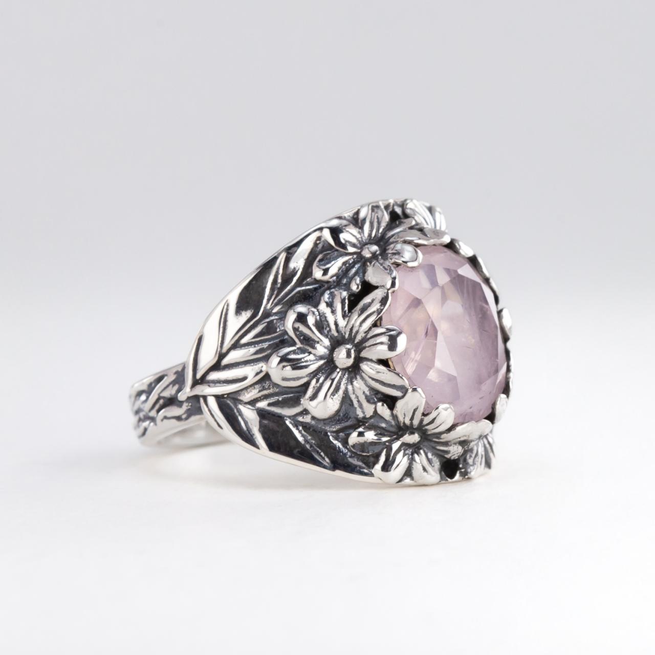 Nick Von K Sterling Silver Flower Garden Ring in Rose Quartz
