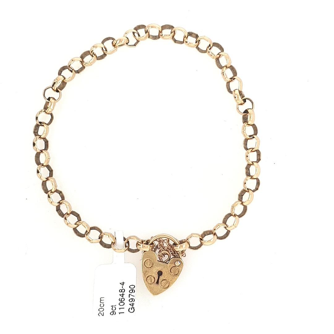 Estate 9ct Yellow Gold Belcher Bracelet with Heart Padlock Clasp & Safety Chain