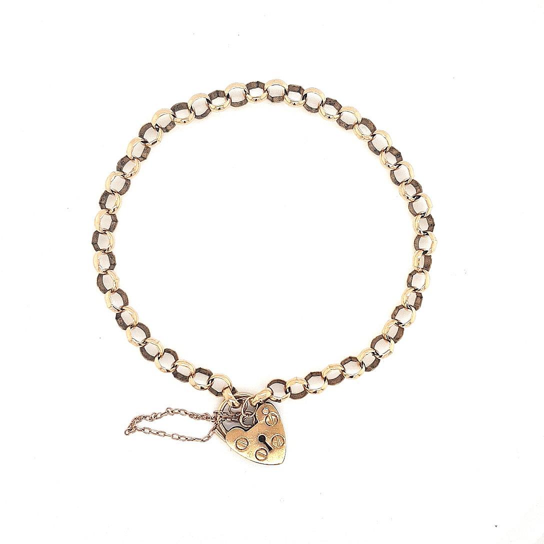 Estate 9ct Yellow Gold Belcher Bracelet with Heart Padlock Clasp & Safety Chain