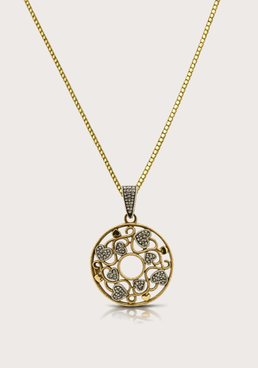 Estate 9ct Yellow Gold Openwork Heart Filigree Diamond Circled Pendant