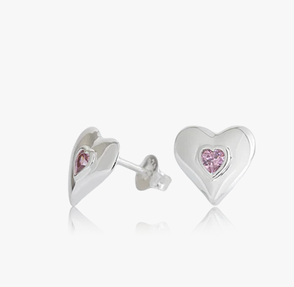 Evolve Sterling Silver Pink Cubic Zirconia Hopeful Heart (Care) Studs Earrings