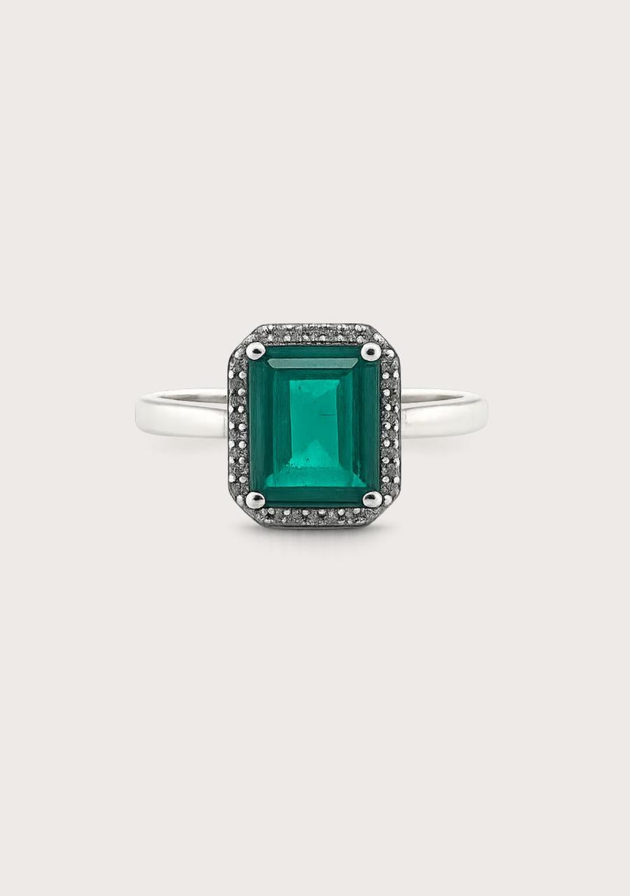 Estate 9ct White Gold Biron Emerald & Diamond Halo Ring