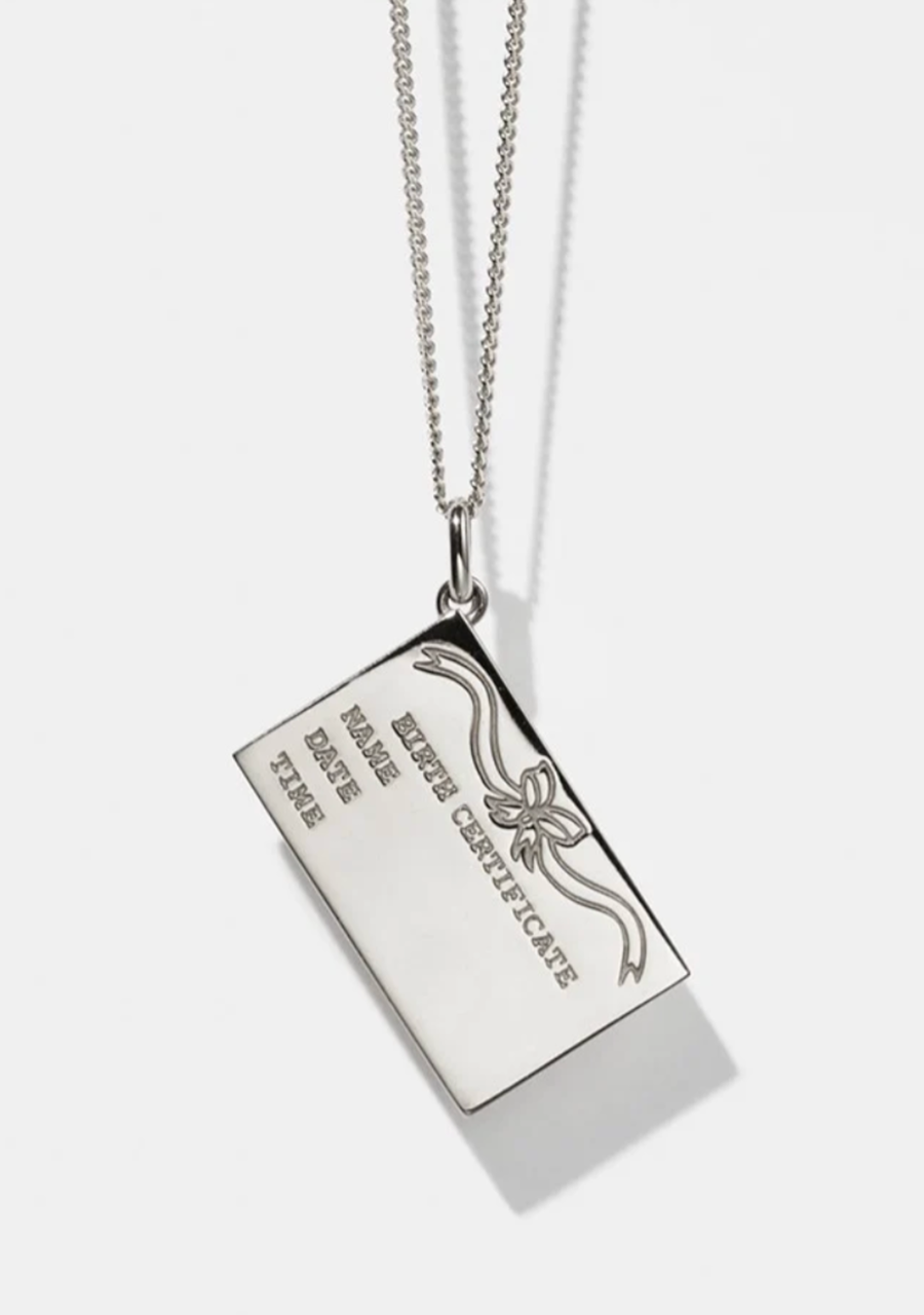 Meadowlark Sterling Silver Birth Certificate Charm Necklace