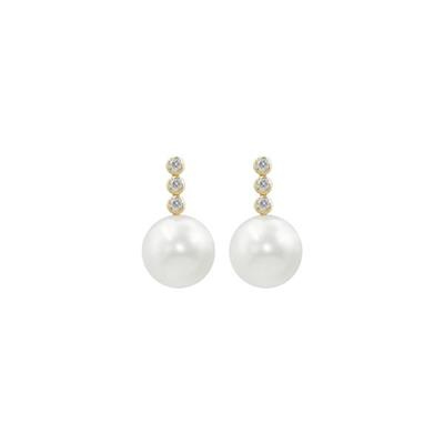 18ct Yellow Gold Diamond & South Sea White Pearl Drop Stud Earrings
