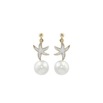18ct Yellow Gold Diamond & South Sea White Pearl Fancy Drop Stud Earrings