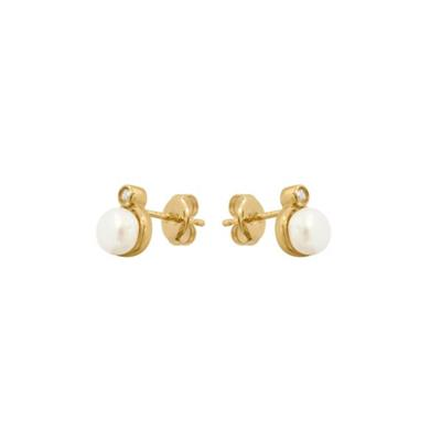 9ct Yellow Gold Diamond & 5mm White Freshwater Button Pearl Stud Earrings