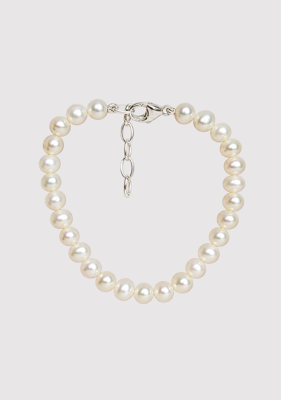 Sterling Silver White Semi Round Fresh Water Pearl Bracelet