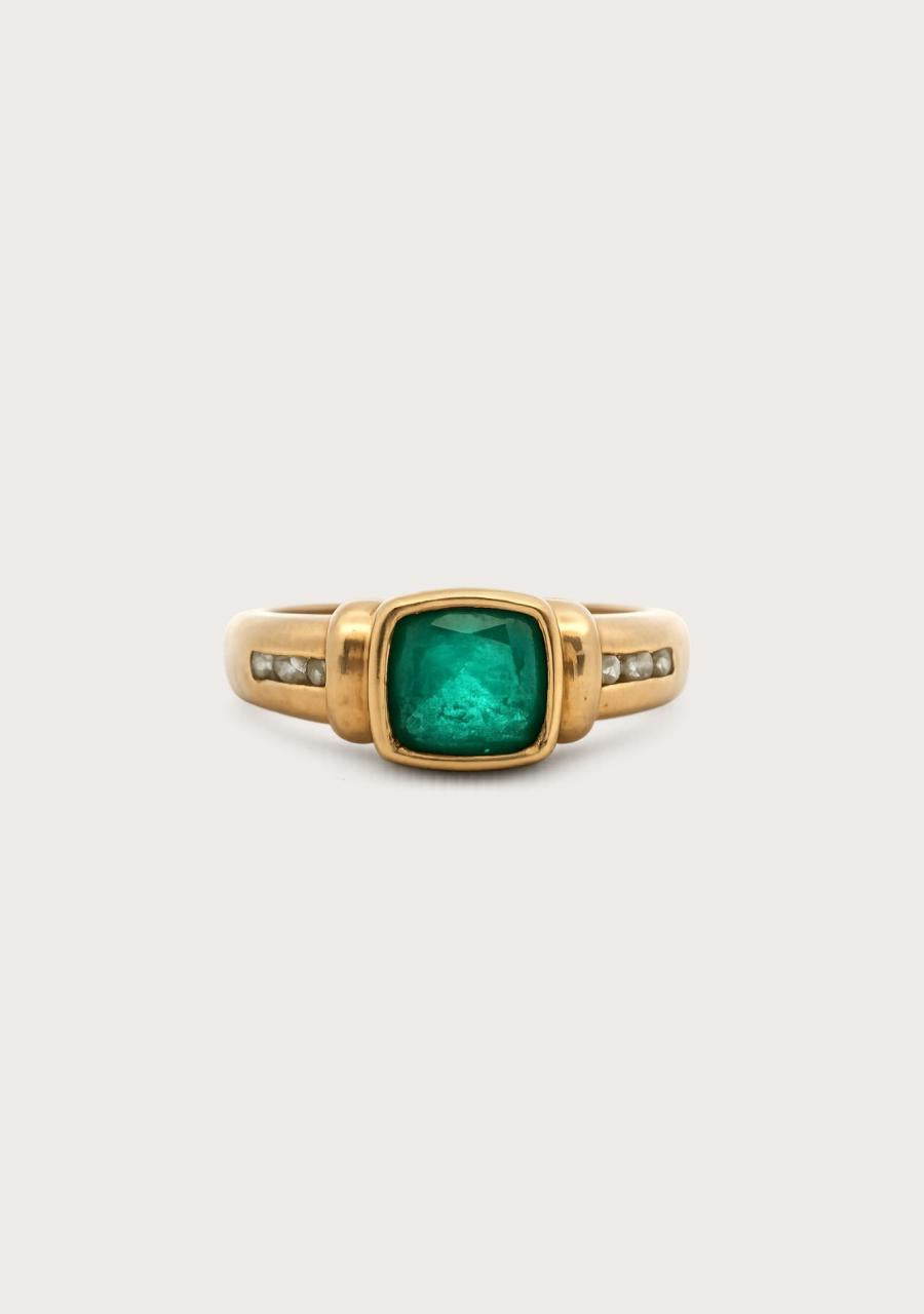 Estate 9ct Yellow Gold Biron Emerald & Diamond Bezel Set Ring