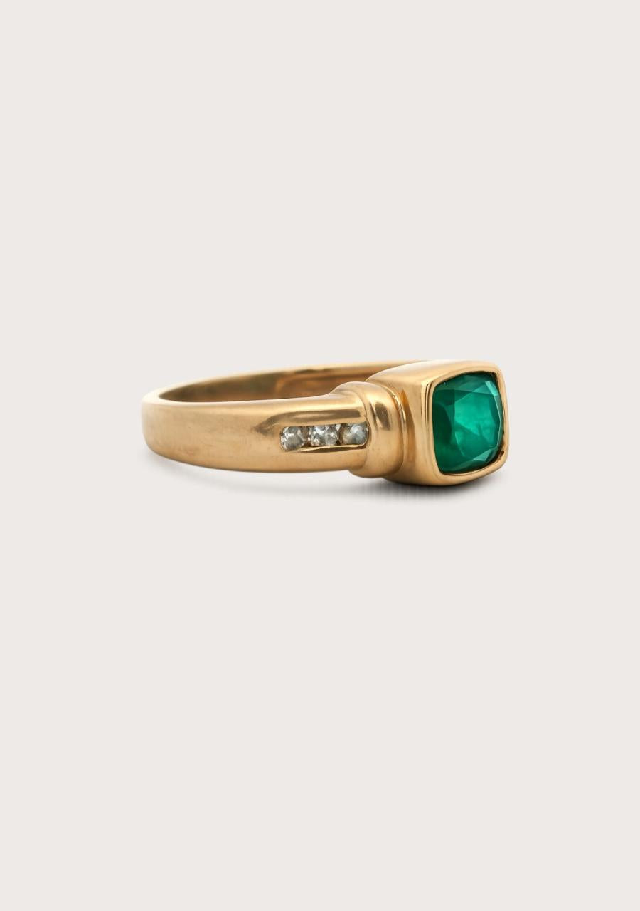 Estate 9ct Yellow Gold Biron Emerald & Diamond Bezel Set Ring