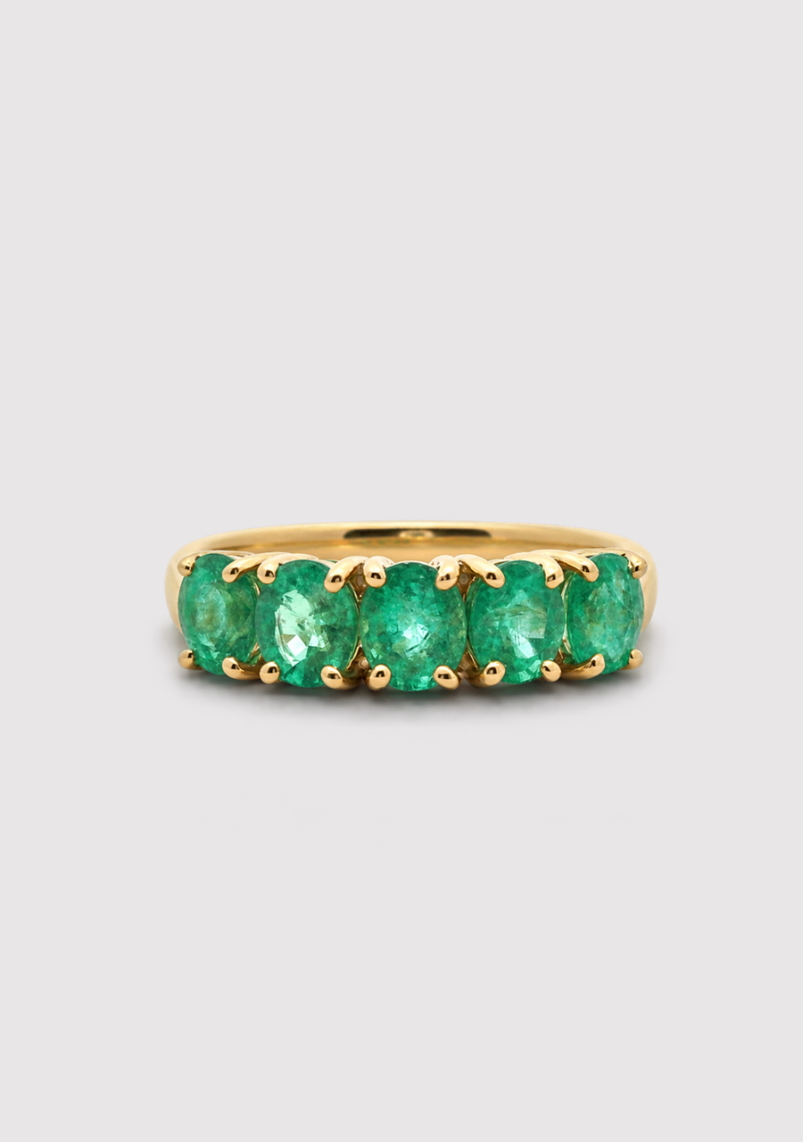 9ct Yellow Gold Oval Colombian Emerald Five Stone Ring