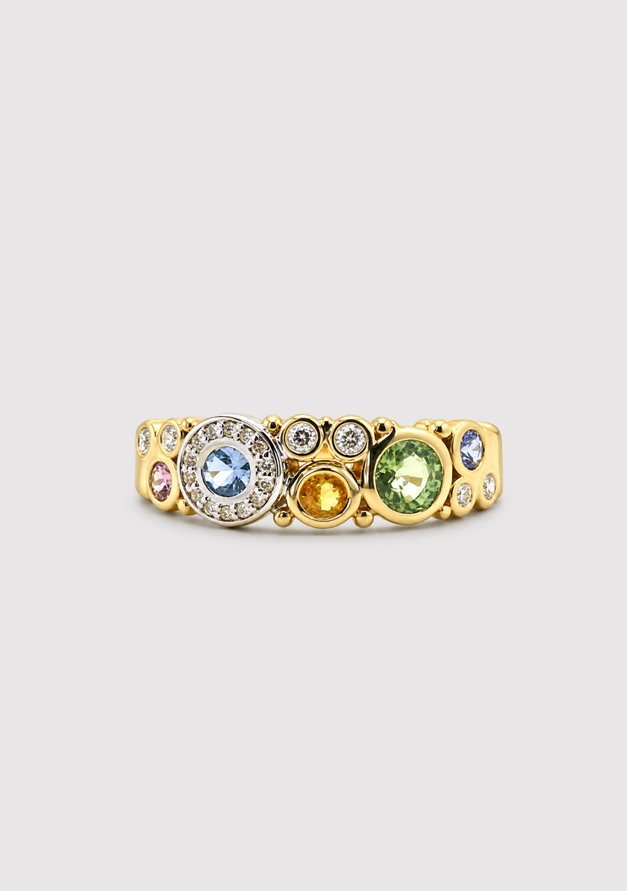 9ct Yellow Gold Coloured Sapphire & Diamond Bubble Ring