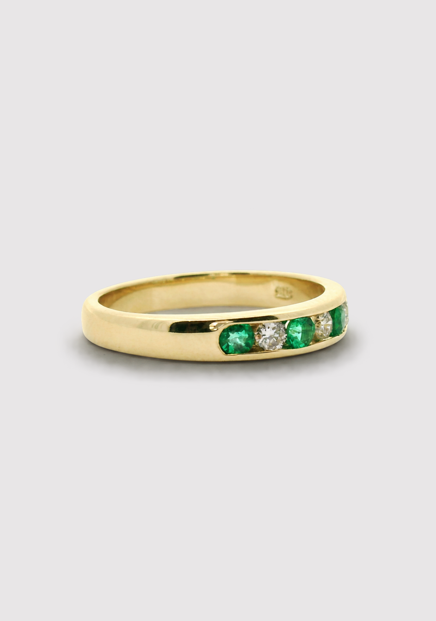 9ct Yellow Gold Colombian Emerald & Diamond Channel Set Ring