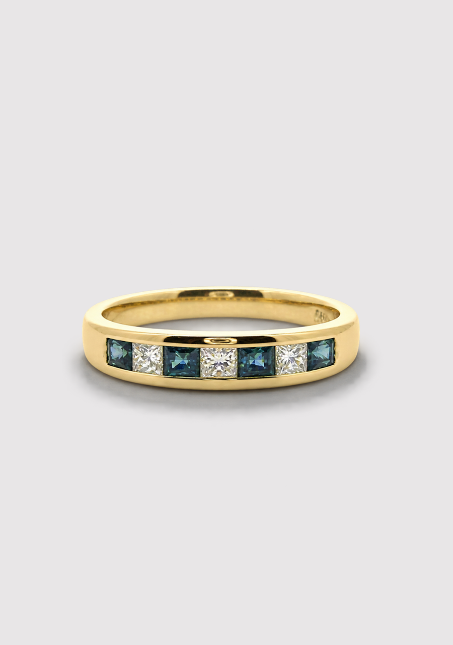 9ct Yellow Gold Princess Cut Sapphire & Diamond Channel Set Ring