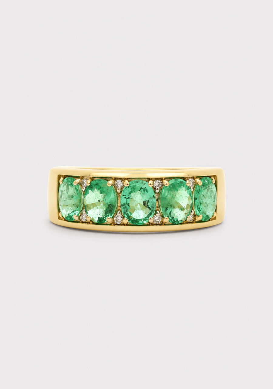 9ct Yellow Gold Colombian Emerald & Diamond Wide Band Ring