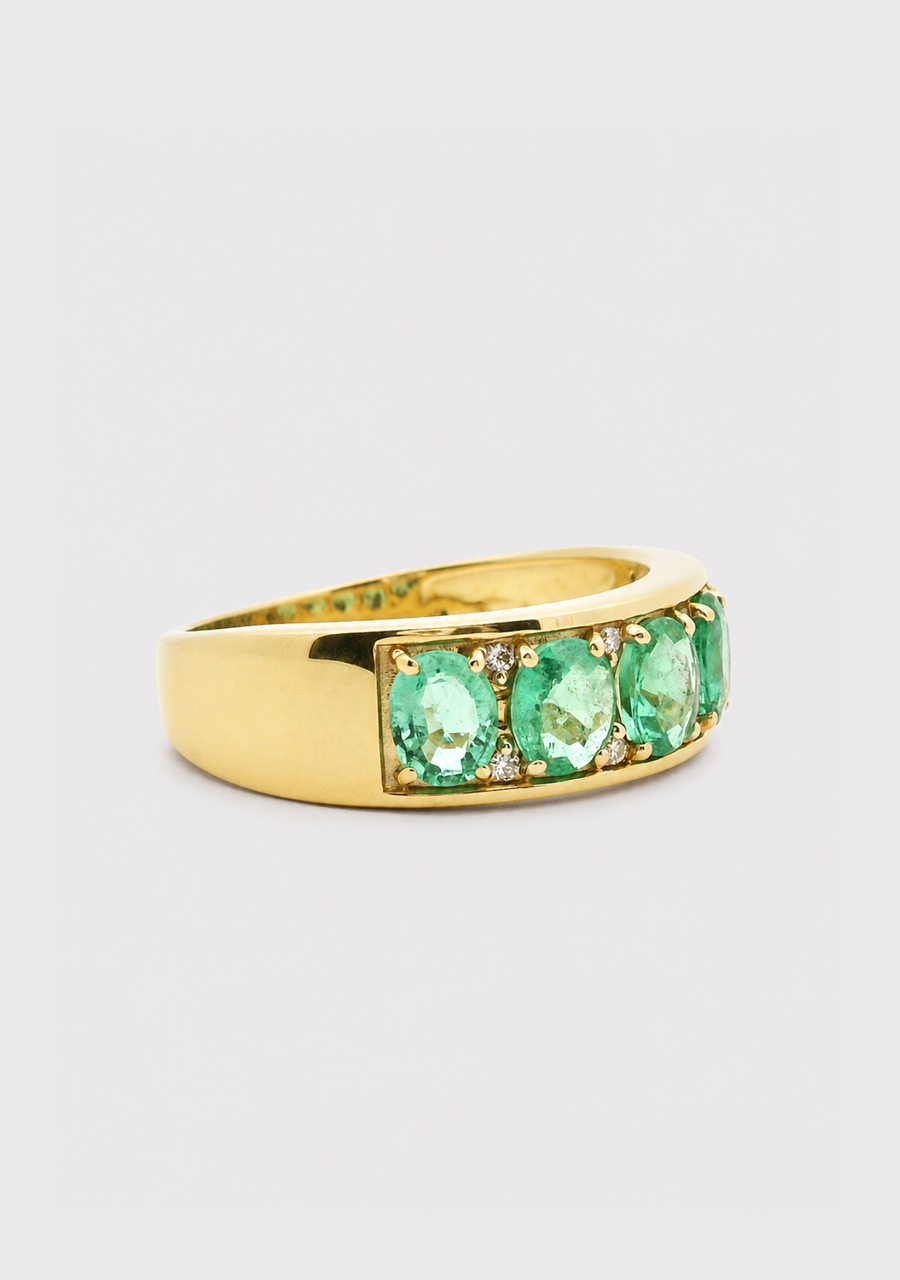9ct Yellow Gold Colombian Emerald & Diamond Wide Band Ring