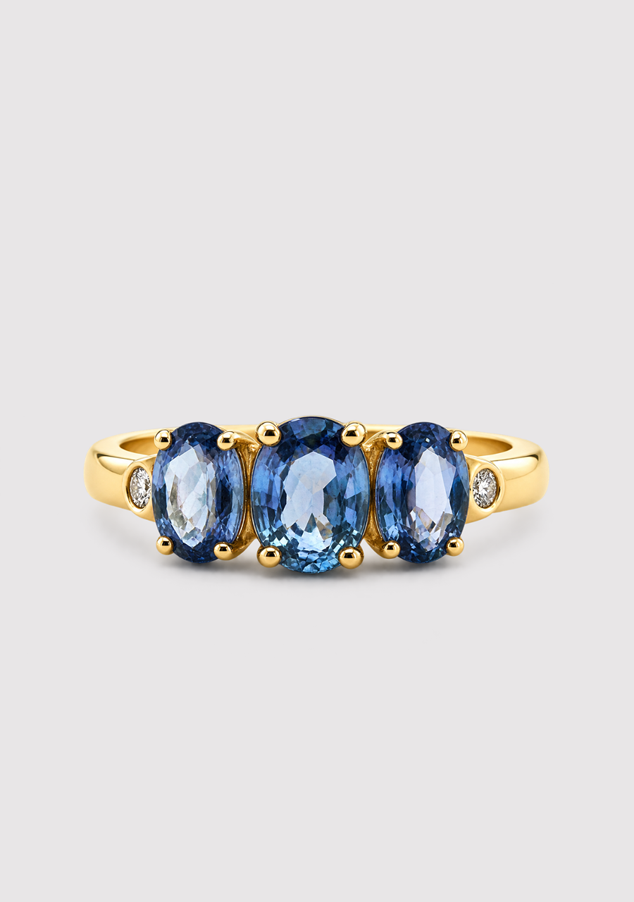 9ct Yellow Gold Oval Ceylonese Sapphire Trilogy Ring