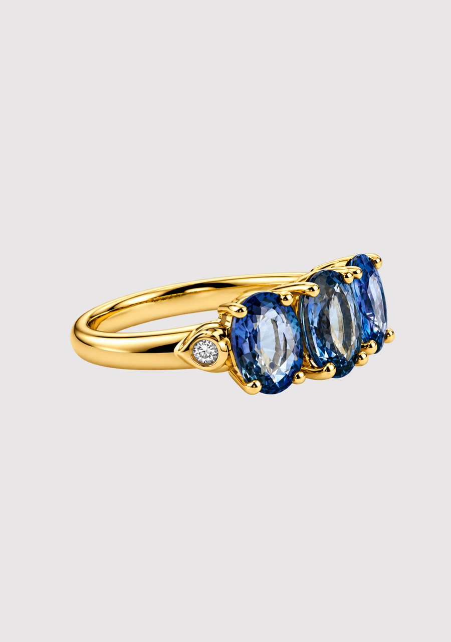 9ct Yellow Gold Oval Ceylonese Sapphire Trilogy Ring