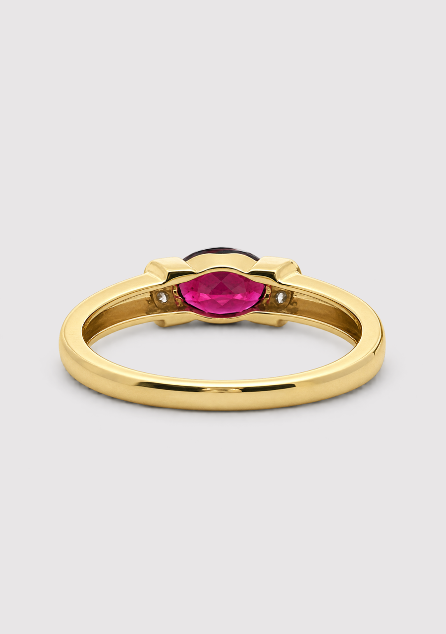 9ct Yellow Gold Rhodalite Garnet & Diamond Semi Bezel East West Set Ring