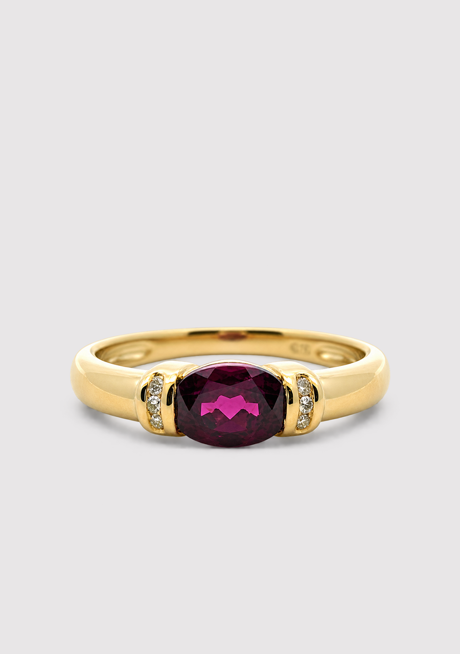 9ct Yellow Gold Rhodalite Garnet & Diamond Semi Bezel East West Set Ring