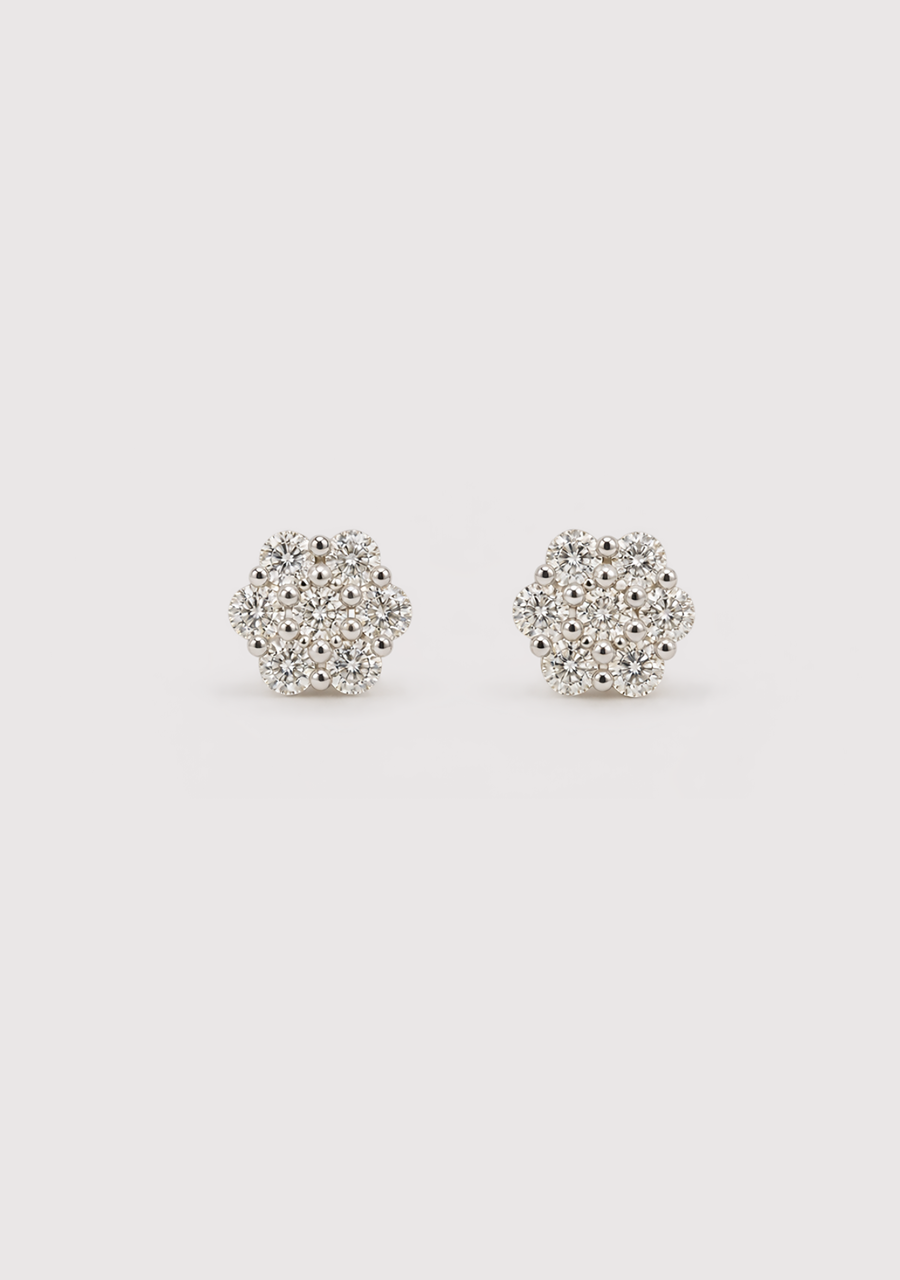 18ct White Gold Diamond Flower Cluster Stud Earrings