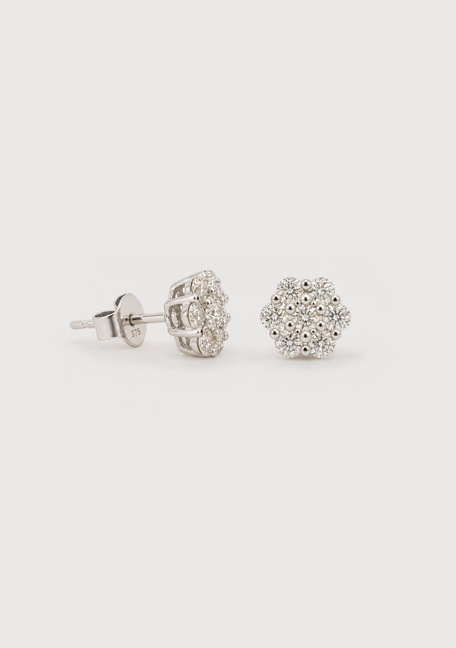 18ct White Gold Diamond Flower Cluster Stud Earrings