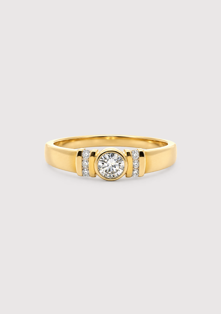 9ct Yellow Gold Diamond Bezel Set Ring with Accent Diamonds