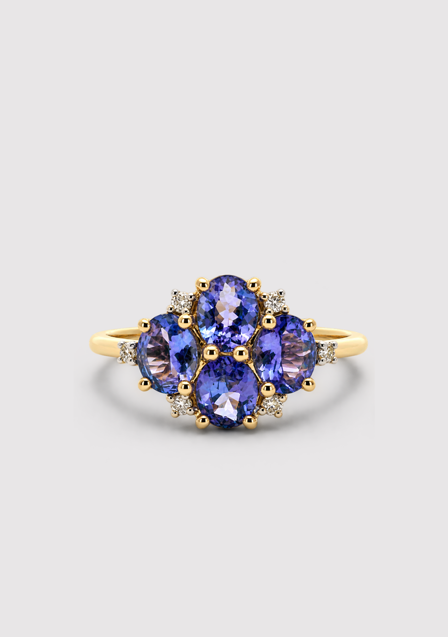 9ct Yellow Gold Tanzanite & Diamond Cluster Ring
