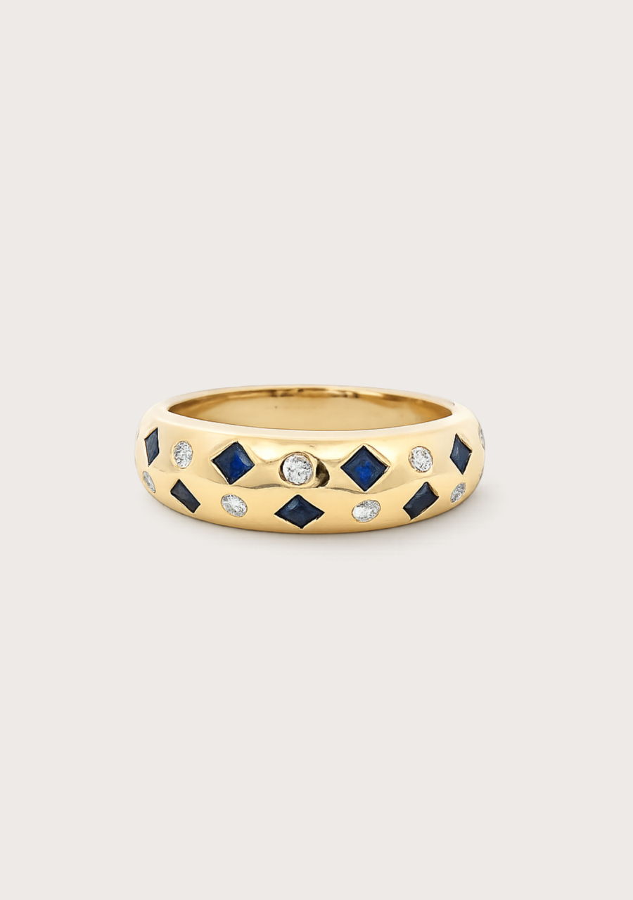 Estate 9ct Yellow Gold Sapphire & Diamond Dome Ring