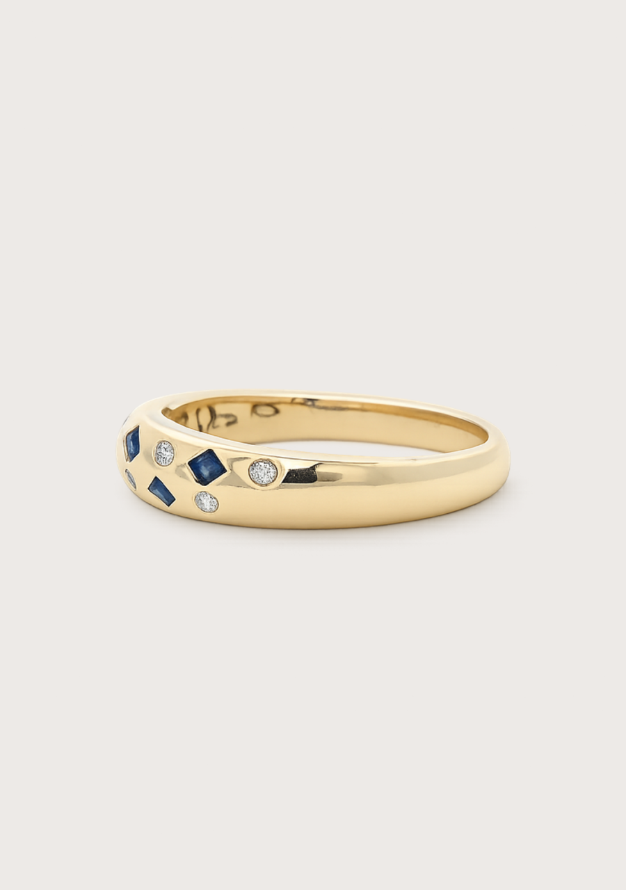 Estate 9ct Yellow Gold Sapphire & Diamond Dome Ring