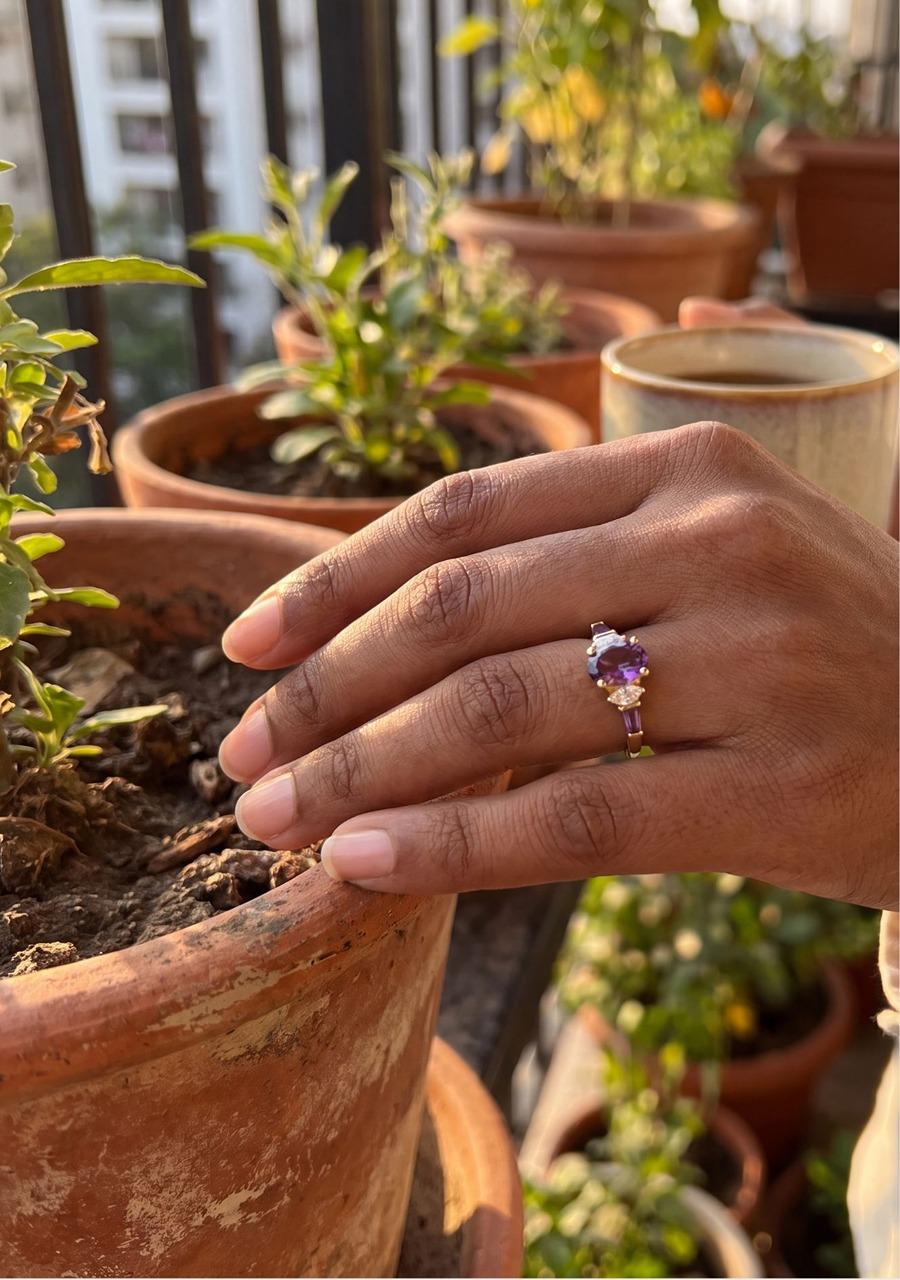 Estate 9ct Yellow Gold Amethyst and Cubic Zirconia Five Stone Ring