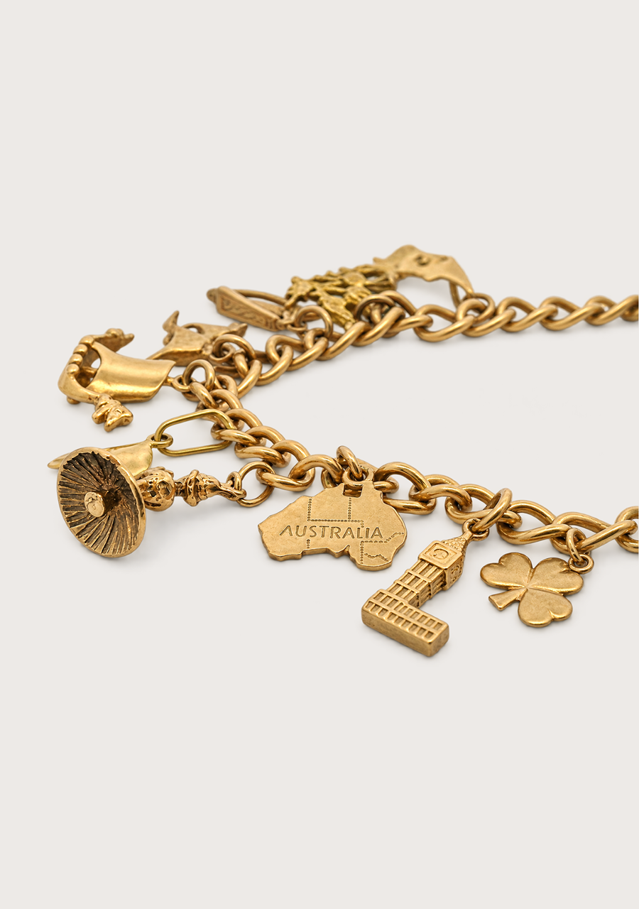 Estate 9ct Yellow Gold Curb Link Charm Bracelet